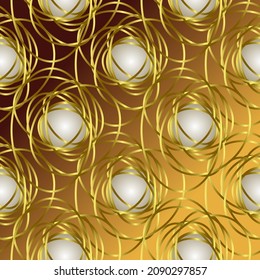 Golden 3d decorative background, seamless pattern. Golden threads and pearls.