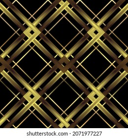 Golden 3d decorative, seamless pattern. Gold lines, squares, cage