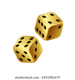 Golden 3D dice isolated on white background. Vector stock illustration.