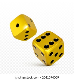 Golden 3d dice. Play casino tossing craps template for banner. Vector illustration isolated on white background