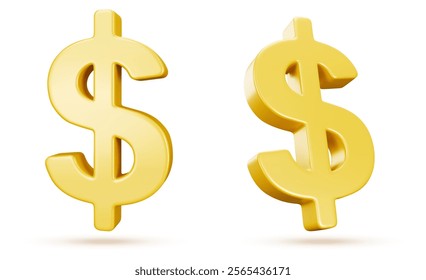 Golden 3d dollar signs from different angles with realistic shadow effects. Metallic currency symbols floating on white background. Glossy financial icons for banking or economic presentations.