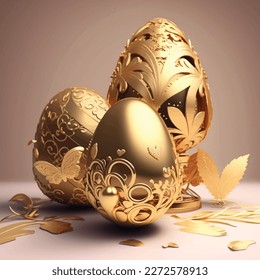 Golden 3D eggs and egg luxury whit ornaments, natural style, ornamental sculpture, statue, easter, gold, chocolate, clean background, vector