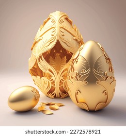 Huevos dorados 3D y ornamentos blancos de lujo de huevos, estilo natural, escultura ornamental, estatua, Pascua, oro, chocolate, fondo limpio, vector