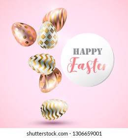 Golden 3D eggs set with pattern on white background vector illustration