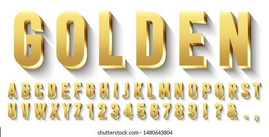 Golden 3D Font. Metallic Gold Letters, Luxury Typeface And Golds Alphabet With Shadows. Elegancy Font Abc And Numbers, Golden Rich Royal Vip Type Letter. Isolated Vector Symbols Set