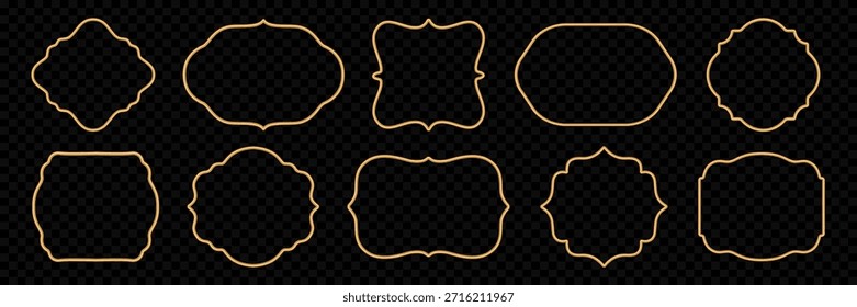 Quadro 3d dourado definido no plano de fundo preto. Estilo oriental formas ornamentais realistas brilhantes, janelas islâmicas, fronteira indiana, elemento decorativo. Ilustração vetorial para certificado, design decorativo