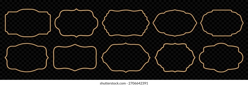 Golden 3d frame set. Oriental style shiny realistic ornamental Islamic windows, Indian border, decorative element, morocco shapes. Vector illustration for invitation, greeting card, decorative design