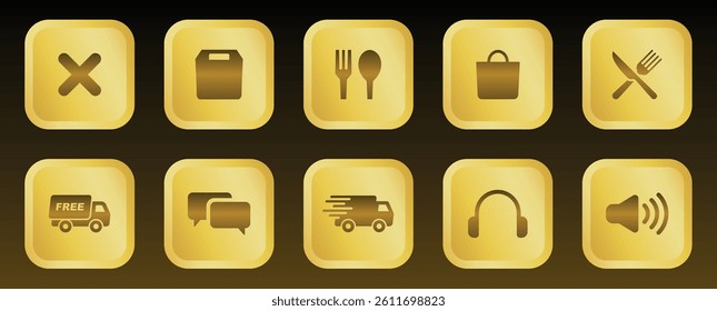 Golden 3D Gradient Interface Icon Set – Collection of Glossy Gold UI Symbols Representing Delivery, Chat, Food, Sound, Shopping, Cancel, Headphones and Communication Tools in Modern Bright Style