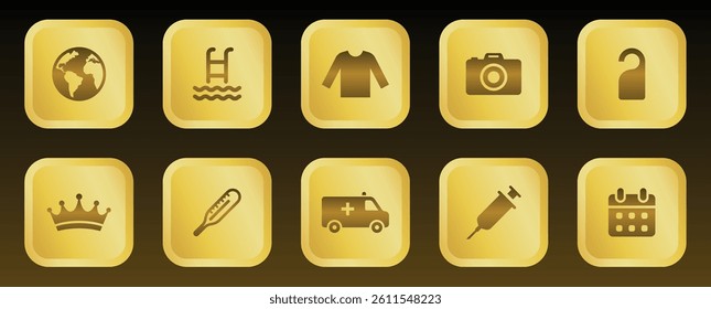 Golden 3D Gradient Mixed Activity and Service Icon Set Featuring Globe, Swimming, Fashion, Photography, Healthcare, Calendar and Security Symbols for UI Design and Lifestyle Application Interfaces
