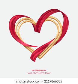 Golden 3d heart with elegant red ribbon isolated on white. Vector illustration.