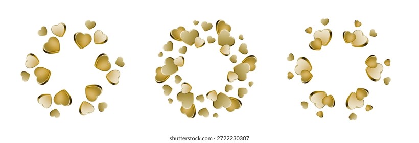 Golden 3D heart frames set with realistic metal finish. Perfect love icons for Valentine cards, romantic posters, and festive backgrounds with elegant shapes.
