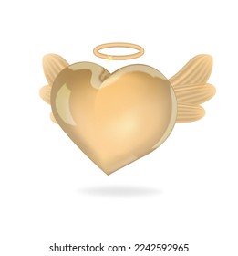 Golden 3d heart and halo   wings  Angelic heart  3d vector graphics