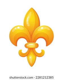 Golden 3d heraldic royal lily. French fleur-de-lis flower symbol. Isolated vector illustration on white background.