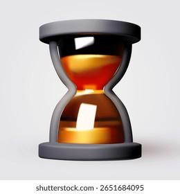 Golden 3D hourglass icon Time budget, revenue work hour, payment investment concept. Gold sand flowing in glass clock countdown. Realistic vector render sandglass. Profit period alert