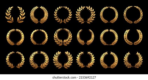 Golden 3D laurel wreath. Gold wheat ornamental borders, round heraldic frame and premium circle branch with leaves vector set. Winning awards in film festival or competition isolated on dark