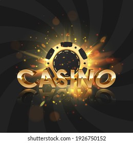 Golden 3d letters casino with gold, black poker chips, token with light, rays, glare, sparkles on black. Vector illustration for card, game design, flyer, poster, decor, banner, web, advertising.