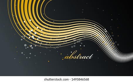 Golden 3D lines in motion dimensional vector abstract background, gold elegant curvy light stripy design element, luxury theme template for ads.