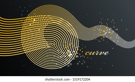 Golden 3D lines in motion dimensional vector abstract background, gold elegant curvy light stripy design element, luxury theme template for ads.