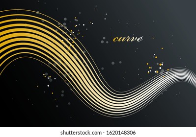 Golden 3D lines in motion dimensional vector abstract background, gold elegant curvy light stripy design element, luxury theme template for ads.