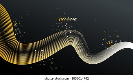 Golden 3D lines in motion dimensional vector abstract background, gold elegant curvy light stripy design element, luxury theme template for ads.