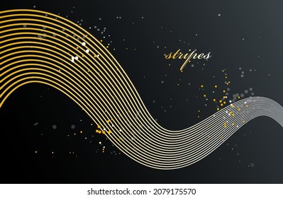 Golden 3D lines in motion dimensional vector abstract background, gold elegant curvy light stripy design element, luxury theme template for ads.