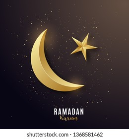 Golden 3d luxury crescent. Greeting banner on Ramadan Kareem. Design flyer. Vector illustration.