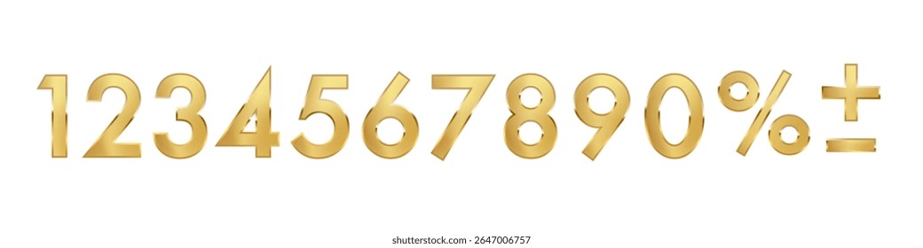 Golden 3d metal numbers and symbols. Set of anniversary gold font isolated on white background for promotion, party, holiday, postcard, banner. Realistic vector illustration.