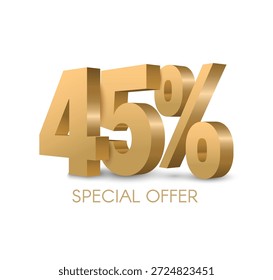 Die goldene 3D-Zahl 45 symbolisiert fünfundvierzig Prozent. Luxuriöses und modernes Vektordesign, ideal für Verkaufsaktionen, Marketingkampagnen, Rabattangebote und elegante Werbematerialien.