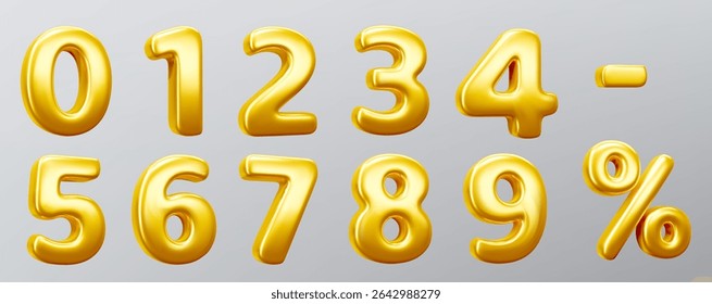 Golden 3d number - digits 0 to 9 with percentage symbol. Metallic typography for anniversary celebration, discount promotion or birthday party decoration. Shiny floating numerals for festive events.