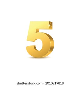 Golden 3d number five template realistic vector illustration isolated on white background. Decorative elegant metallic gold 5 digit or numeral symbol mockup.