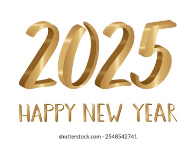 Golden 3D numbers 2025 with sparkling highlights and handwritten Happy New Year text. Perfect for festive holiday designs, seasonal greetings, and New Year's celebration themes.