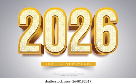 Golden números 3D 2026 com padrão intrincado Feliz Ano Novo texto abaixo