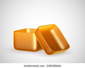 Golden 3D open gift box on white background. Present for Christmas, birthday or wedding surprise. Concept of holiday celebrations or Xmas festivities. EPS 10, vector illustration