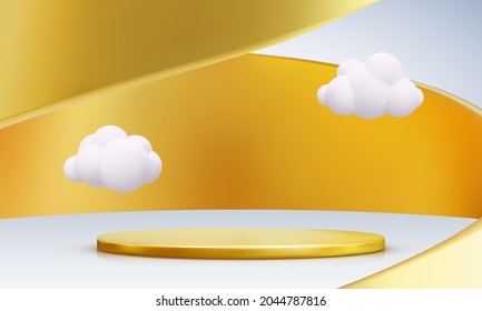 Golden 3D pedestal podium with swirl flow, product display stage. Vector illustration