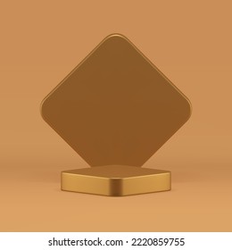 Golden 3d pedestal rhombus stage metallic foundation promo exhibition advertising realistic vector illustration. Podium platform scene minimalist studio background showcase decorative design