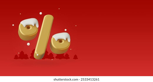 Sinal de porcentagem dourado 3d com cicles e neve. Vendas de inverno e conceito de desconto no design de fundo vermelho. Ilustração vetorial.