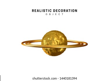 Golden 3d planet Saturn isolated on white background.  Gold icon, realistic shape design element, logo