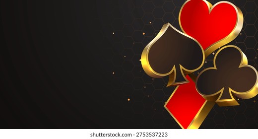 Golden 3D playing card suits on a dark, luxurious background for casino and game design. Vector illustration