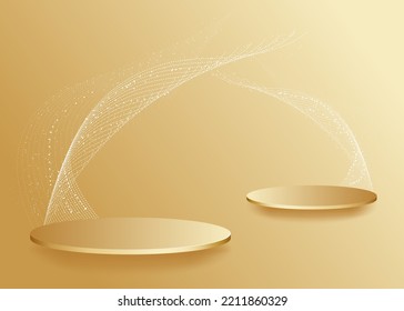 Golden 3d podium with dynamic stage and confetti sparkle. Abstract geometric scene in modern decor, festive glitter and golden backdrop. Premium realistic showcase with empty space.