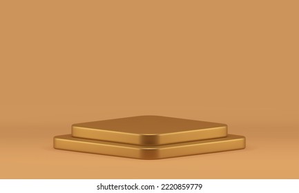 Golden 3d podium geometric rhombus level step construction basic foundation beige studio background realistic vector illustration. Premium metallic pedestal platform merchandise showroom display