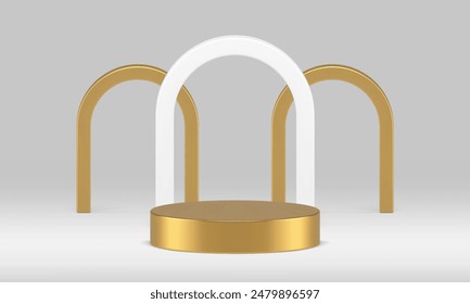 Golden 3d podium pedestal with arch wall background neutral showcase realistic vector illustration. Premium cylinder metallic stage geometric white showroom mock up for product show