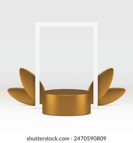 Golden 3d podium pedestal white showroom stand for presentation realistic vector illustration. Luxury metallic cylinder stage platform with leaves and rectangle frame wall background for product show
