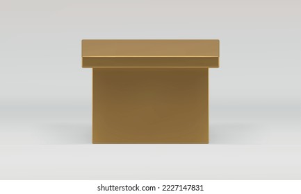 Golden 3d podium squared box platform museum gallery stand for promo advertising realistic vector illustration. Pedestal tribune exhibition basic foundation performance display decor element design