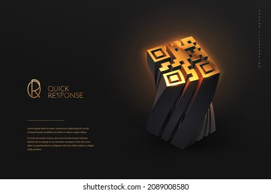 Golden 3d QR Code On Dark Background Vector Illustration. Luxury Premium Barcode