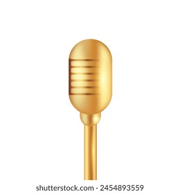 Golden 3d real microphone isolated on white background. Music stud equipment vector realistic pictures of vintage style microphones isolated. Illustration of mic media, microphone for karaoke. podcast