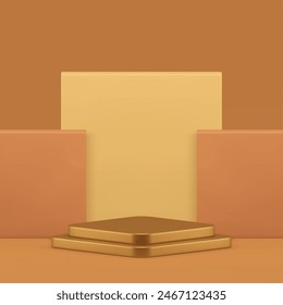 Golden 3d rhombus podium pedestal with beige geometric wall background realistic vector illustration. Luxury showcase neutral showroom advertising display for premium product presentation show