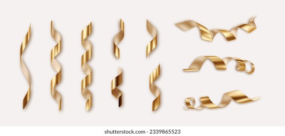 Juego dorado de serpentina 3d. Cinta dorada. Cinta dorada. Vector Elementos de diseño de vacaciones realistas para Navidad, Año Nuevo, fiesta de carnaval, evento, ceremonia de boda