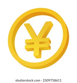 Golden 3D shape of Yen Japan currency logo in a ring circle. Embossed Yen Japan icon.