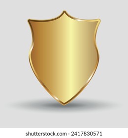 Escudo dorado 3D. Icono. Vector en fondo gris