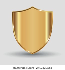 Golden 3D shield. Icon. Vector on a grey background